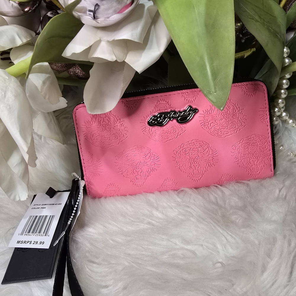 Ed Hardy Skulls -pink Print Women's Wallet Wristlet  Rare!New